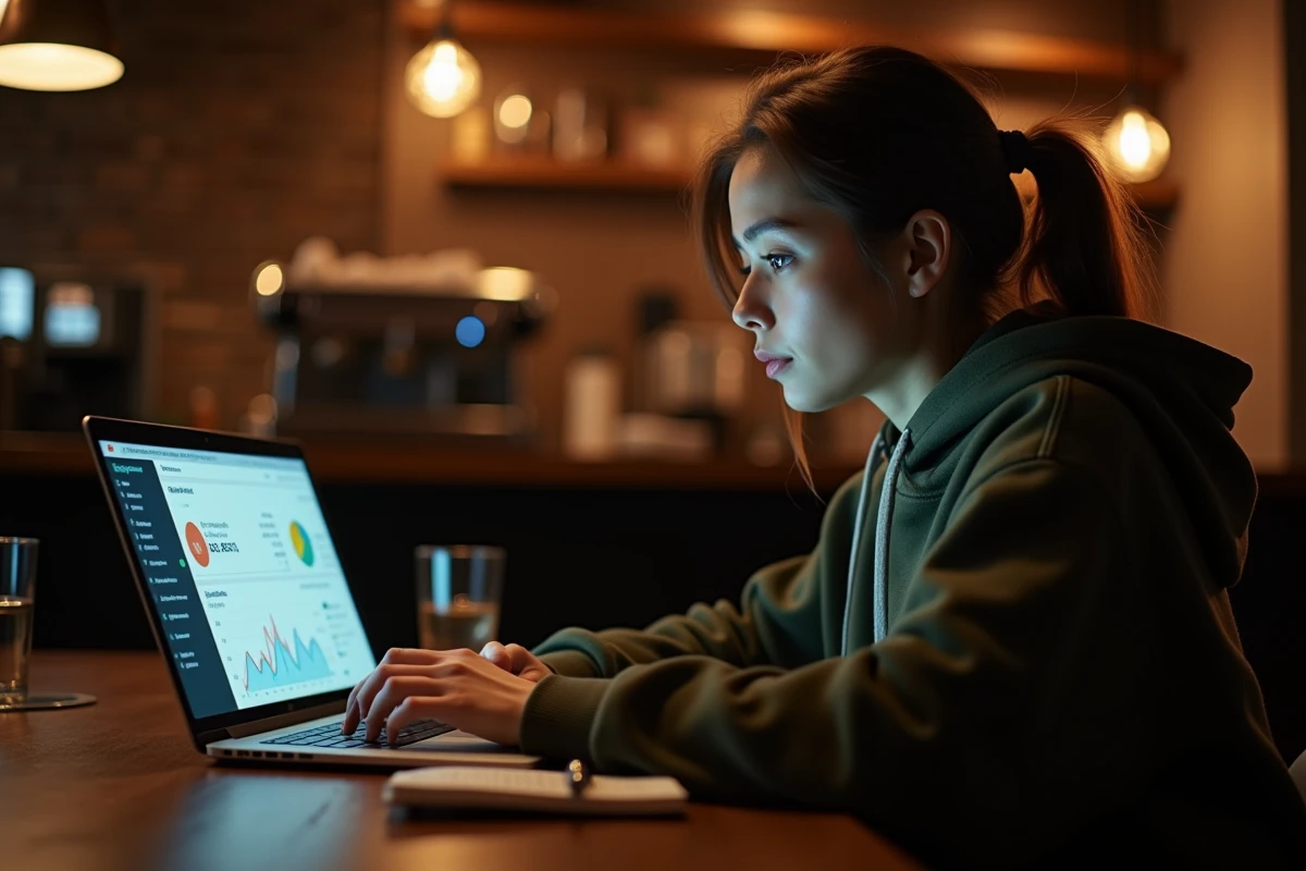 Jeune femme rédigeant du contenu pour un écosystème de marketing digital dans un café chaleureux en soirée