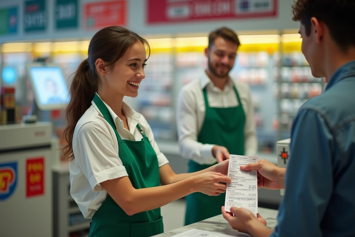 Jeune vendeuse en tablier vert remettant un ticket