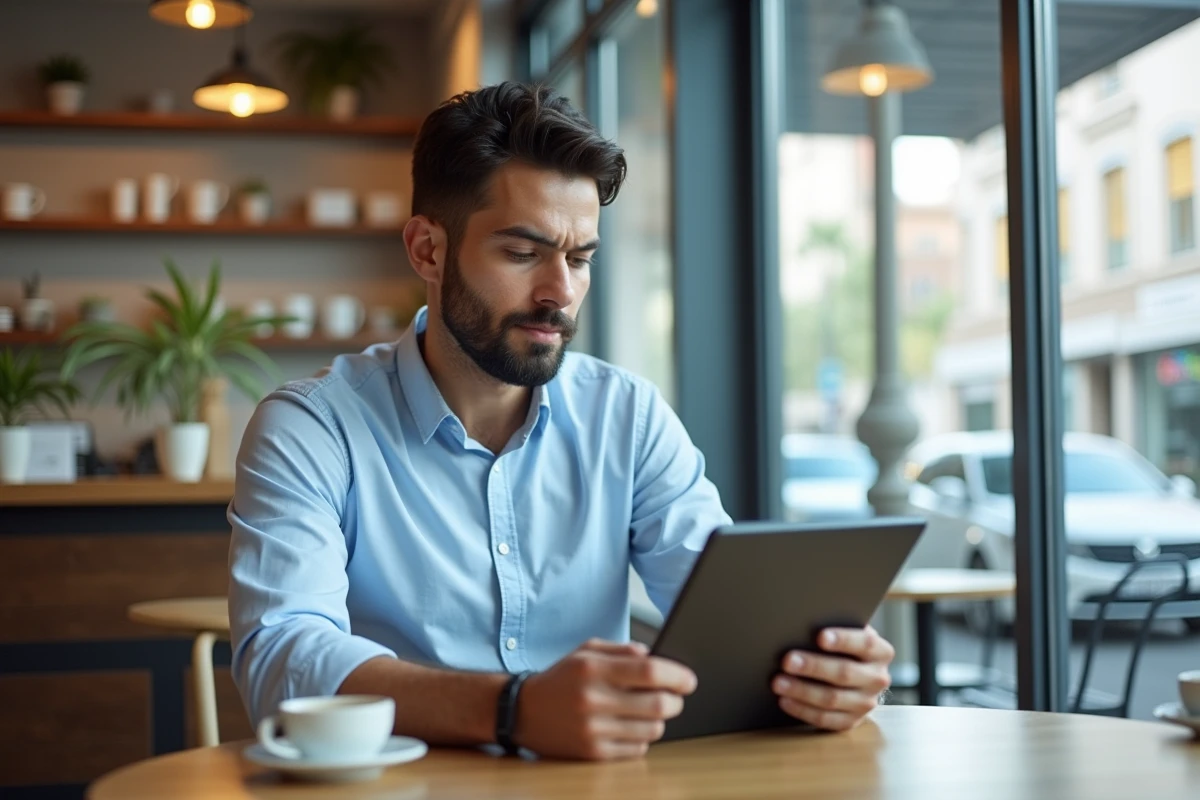 Jeune homme au café avec tablette et ambiance urbaine