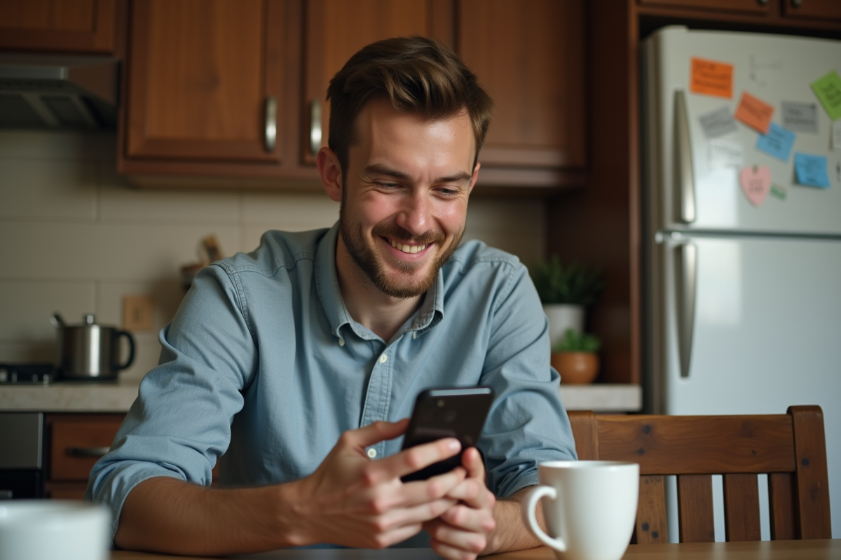 Jeune homme souriant avec smartphone dans la cuisine