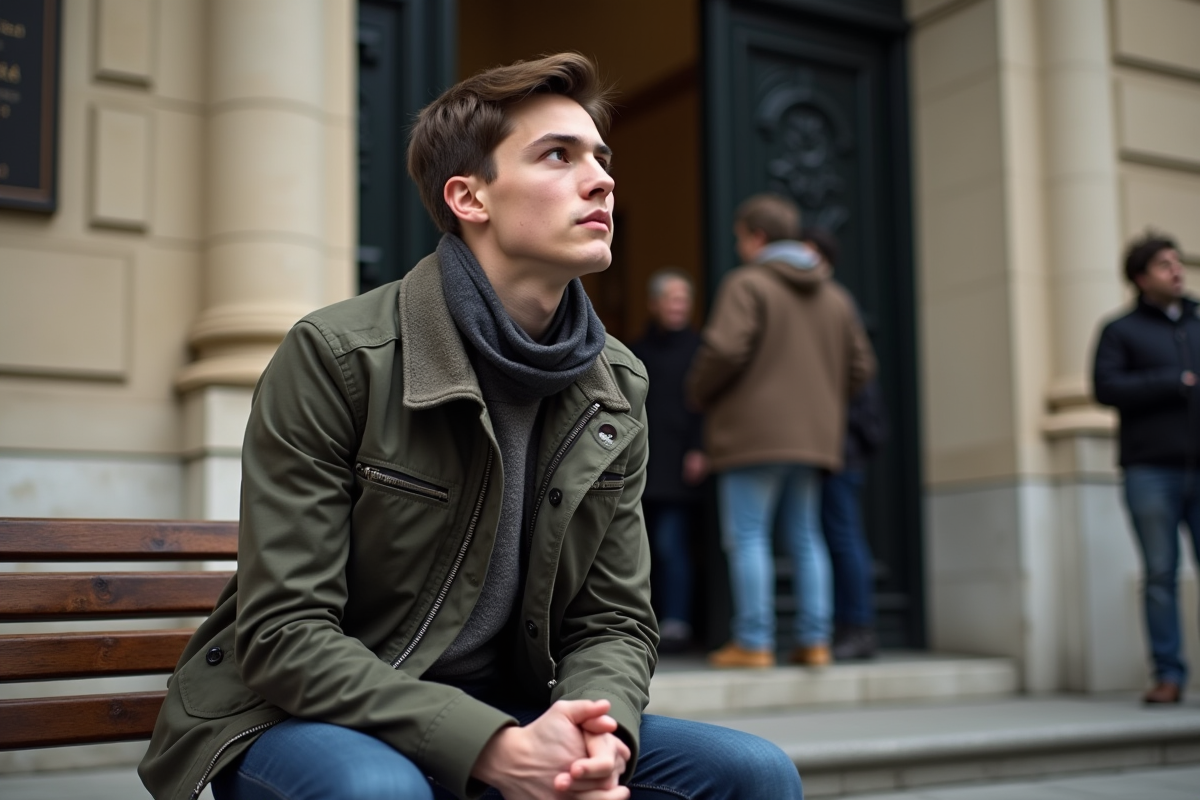 Jeune homme assis devant une façade de tribunal français