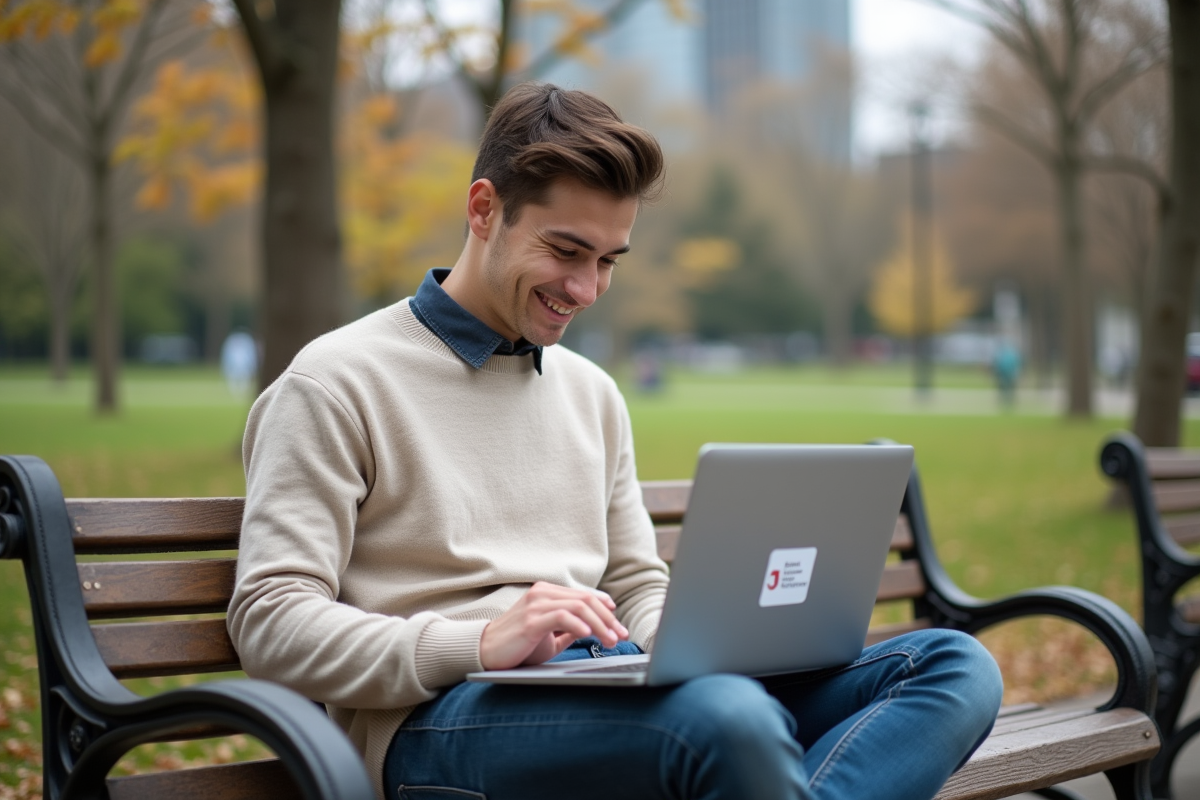 Jeune homme travaillant sur un ordinateur dans un parc urbain