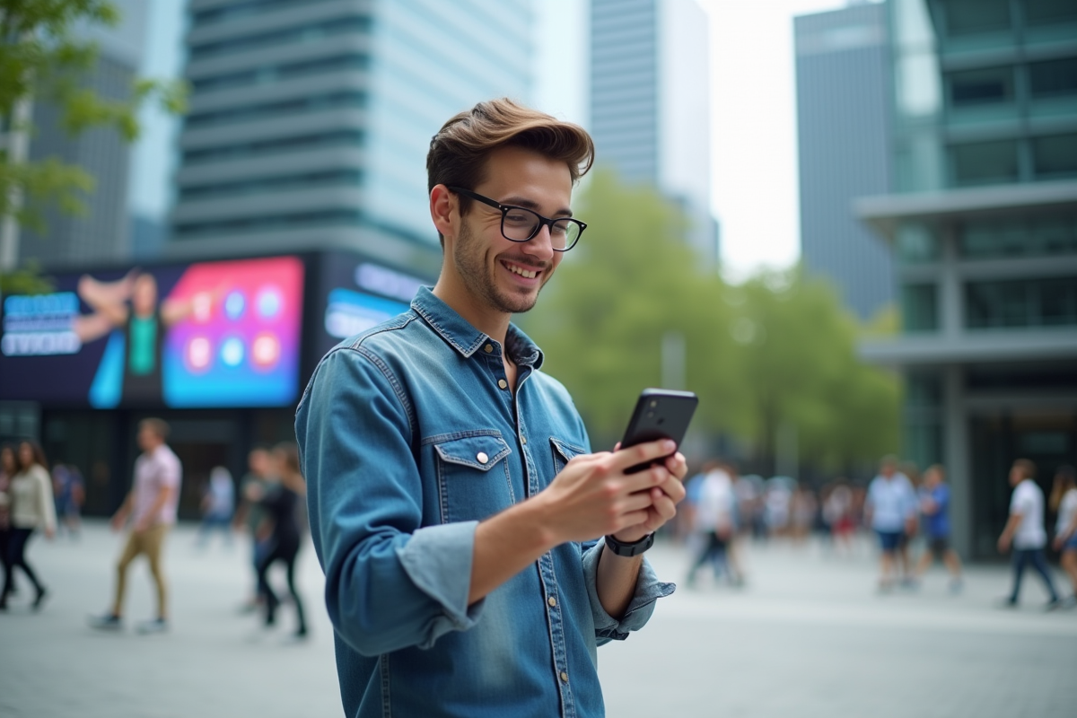 Jeune homme enregistrant une video dans un espace urbain dynamique