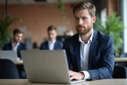 Jeune homme en costume dans un espace coworking à Rennes