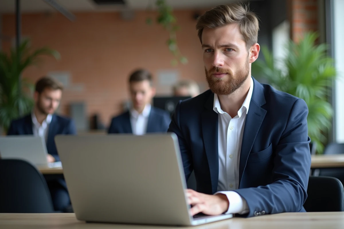 Jeune homme en costume dans un espace coworking à Rennes