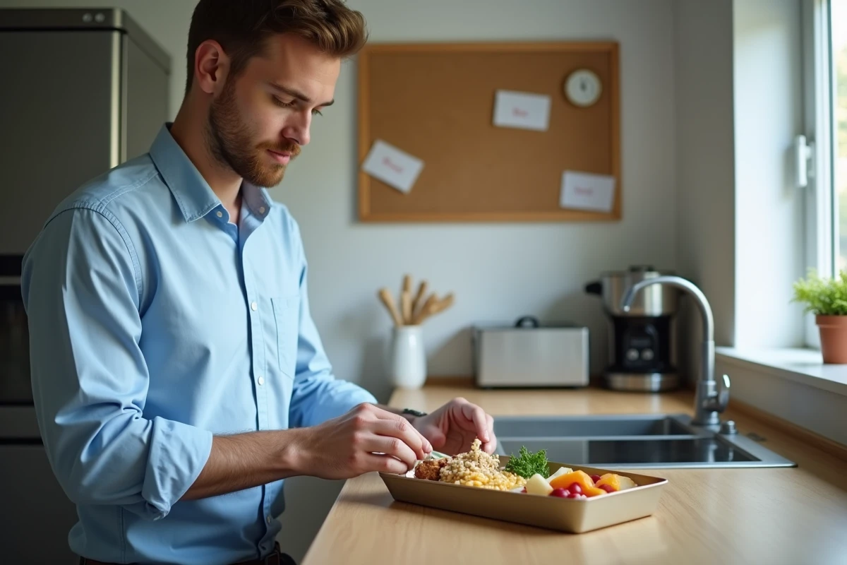 Jeune agent public préparant un bento dans sa cuisine