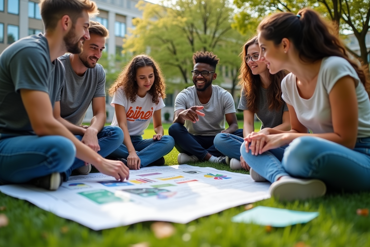 Jeunes adultes discutant autour d une maquette en plein air