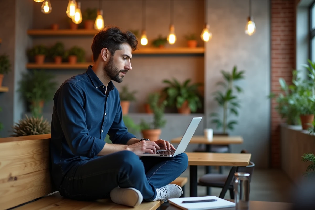 Journaliste planifiant la diffusion de contenus éditoriaux sur une plateforme numérique dans un espace de co-working