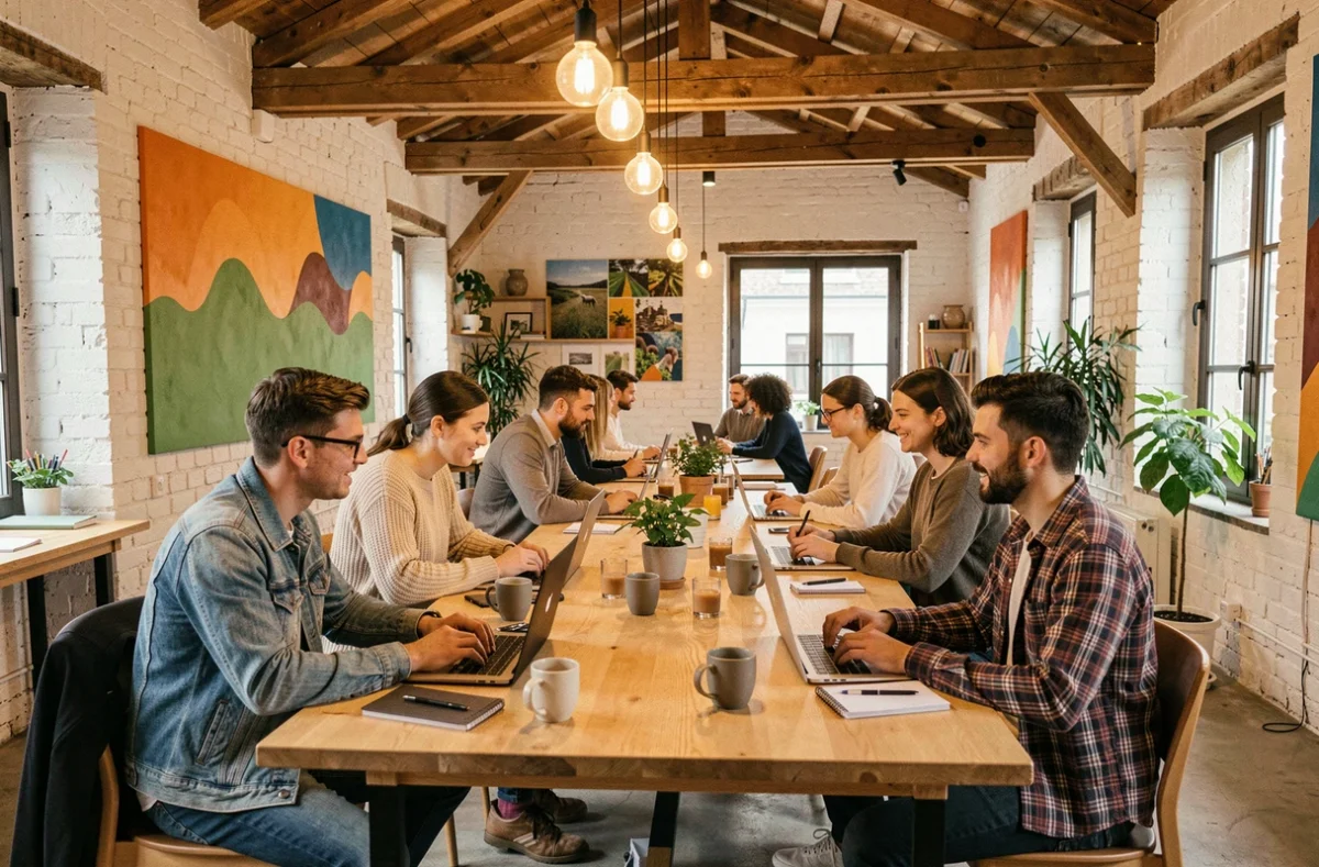 Espace collaboratif La Cordée avec un groupe de freelances travaillant ensemble dans un lieu multisite convivial de la région