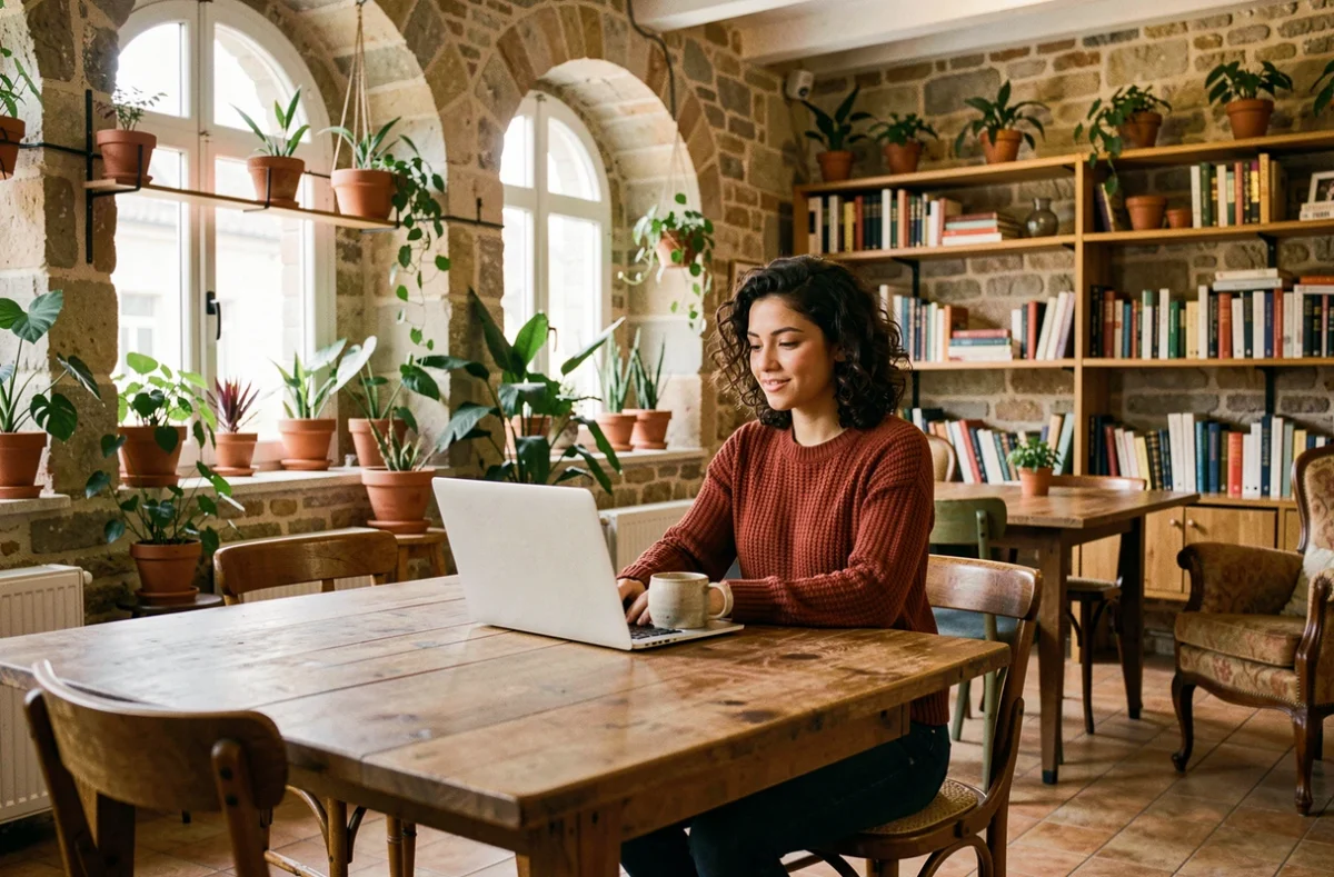 Espace de coworking et coliving Le PIC à Clermont-Ferrand avec une femme travaillant dans un cadre chaleureux et vintage