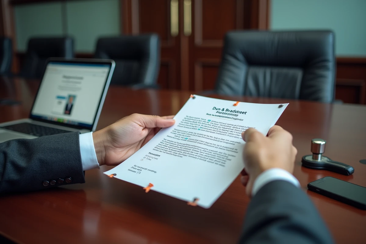 Mains tenant une lettre de rejet du numéro DUNS avec un ordinateur affichant un formulaire de vérification d'entreprise