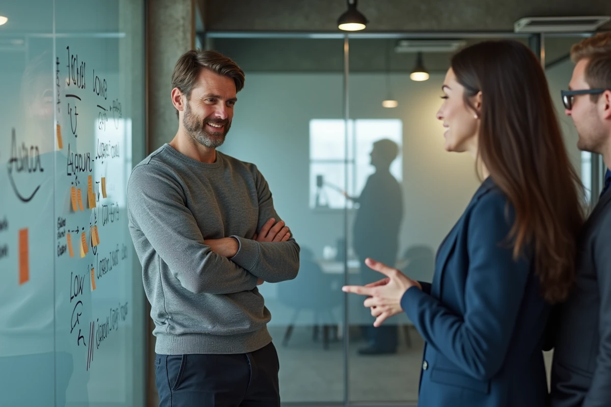 Un manager masculin bienveillant en posture d'écoute face à son équipe devant un tableau de travail collaboratif