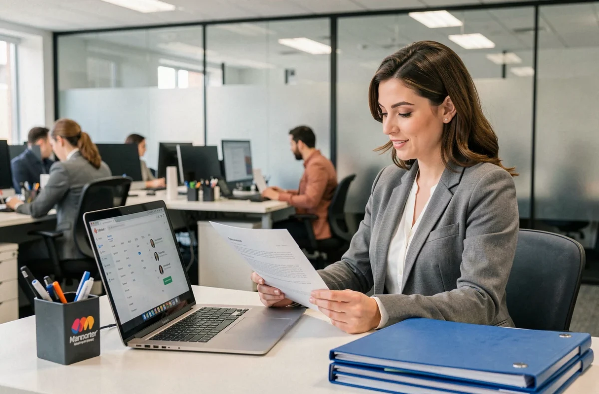 Conseillère Manpower consultant un CV dans une agence d'emploi en Seine-Maritime