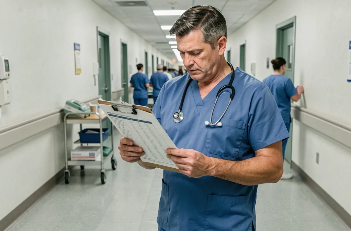Médecin en blouse médicale bleu consulte un planning dans un couloir d'hôpital animé, symbolisant les métiers de santé sous tension et les horaires contraignants