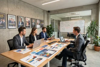 Équipe d'une agence de communication en Essonne réunie autour d'une table de travail avec des maquettes de campagnes et des ordinateurs portables