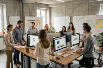 Vue d'ensemble d'une agence web moderne en Maine-et-Loire avec des professionnels travaillant sur des projets de création de sites internet