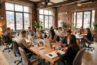 Espace de coworking moderne en Auvergne-Rhône-Alpes avec des professionnels travaillant dans un loft industriel rénové