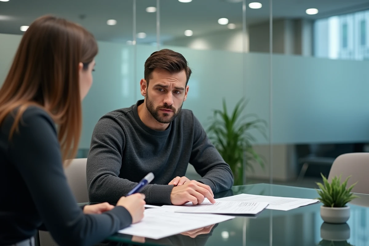 Micro-entrepreneur discutant des avantages fiscaux de l'ACRE avec un conseiller financier en agence