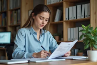 Micro-entrepreneuse consultant des documents fiscaux relatifs à la ACRE à son bureau à domicile