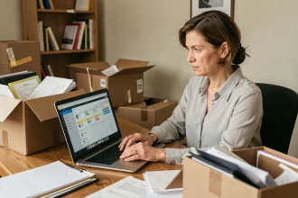Femme utilisant un coffre numérique sécurisé sur ordinateur portable pendant un déménagement, entourée de cartons de documents