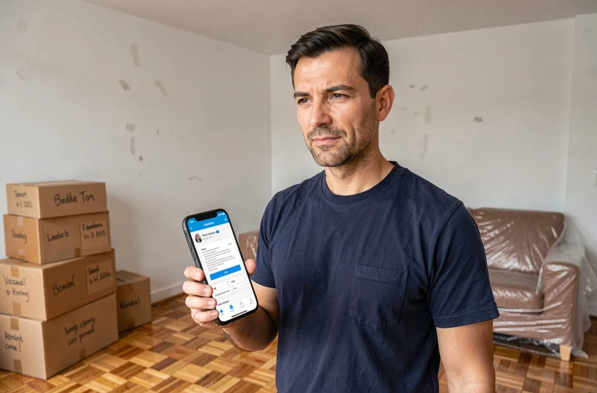 Homme mettant à jour ses données personnelles sur une application de coffre numérique depuis son smartphone lors d'un déménagement