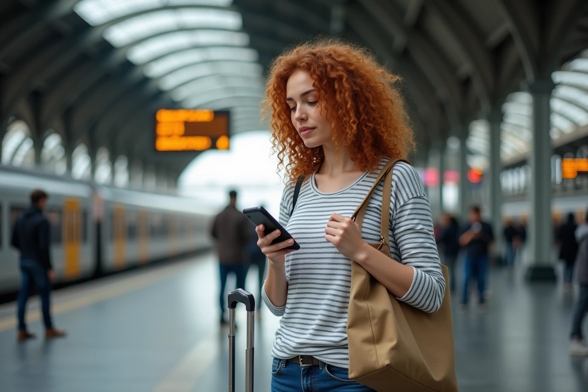 Femme nomade digitale sur un quai de gare européenne avec valise et sac d'ordinateur, consultant son téléphone avant le départ