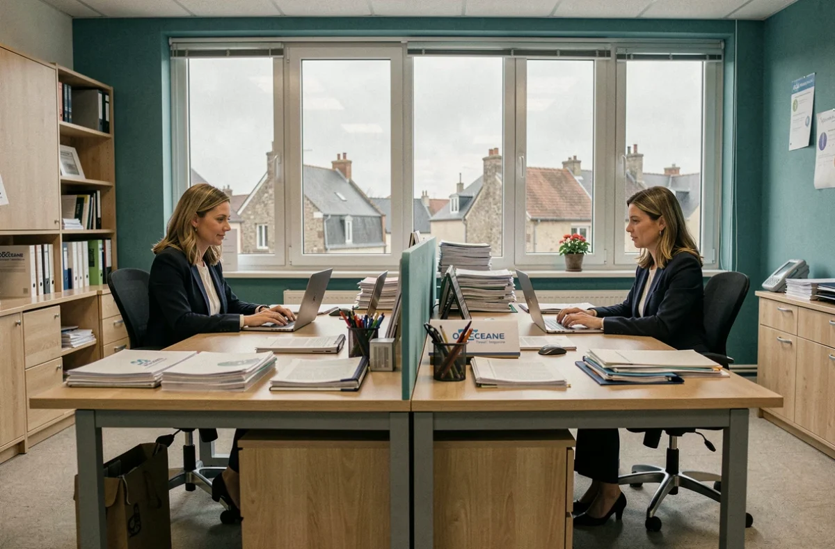 Deux conseillères de l'agence Océane Travail Temporaire au travail dans leur bureau en Normandie