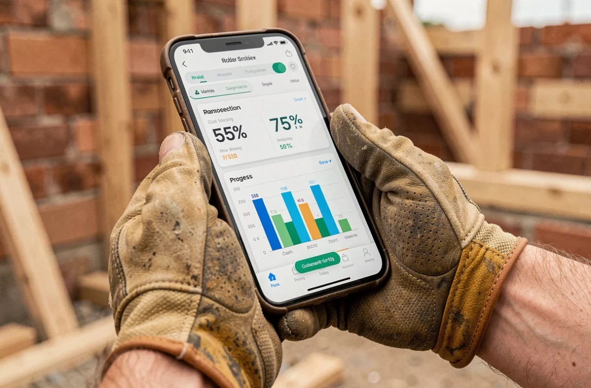 Mains d'un ouvrier BTP tenant un smartphone avec une application de suivi de chantier et de gestion des prix