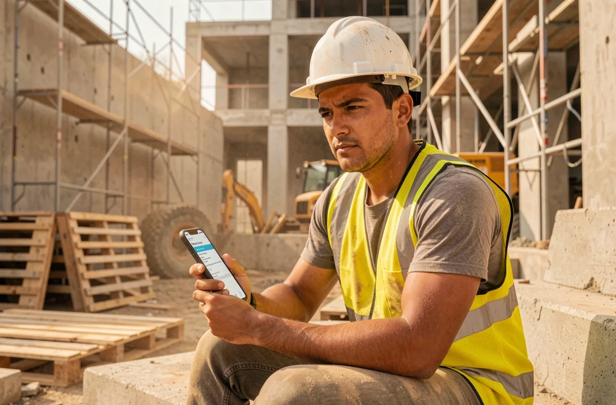 Ouvrier du bâtiment consulte une offre d'emploi sur son téléphone lors d'une pause sur un chantier, illustrant le recrutement dans les métiers manuels et la question du salaire