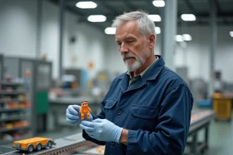 Ouvrier d'une usine de jouets allemande tenant une figurine en plastique sur une chaîne de production bavaroise