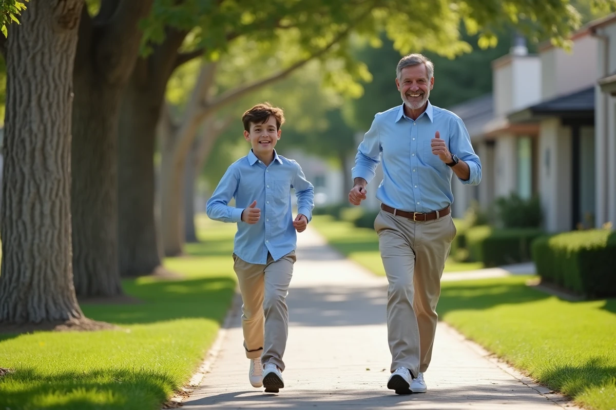 Père et fils courant dans un parc ensoleille