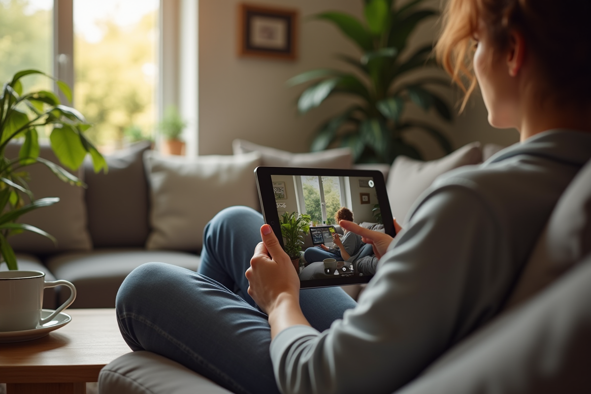 Personne regardant une vidéo sur une tablette dans un salon lumineux