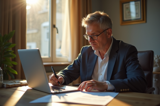 Personne réfléchie travaillant à domicile avec documents et ordinateur