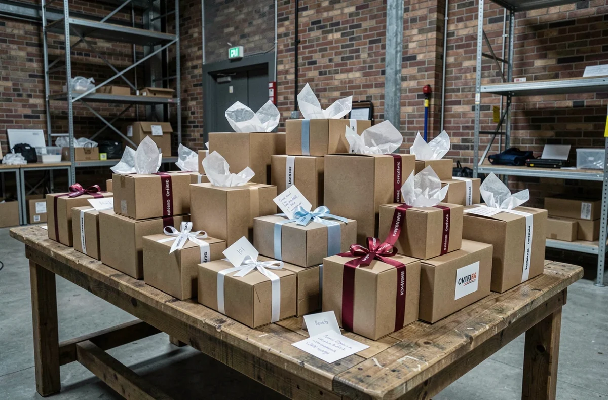 Multiples boîtes cadeaux d'entreprise préparées en coulisses pour un événement professionnel
