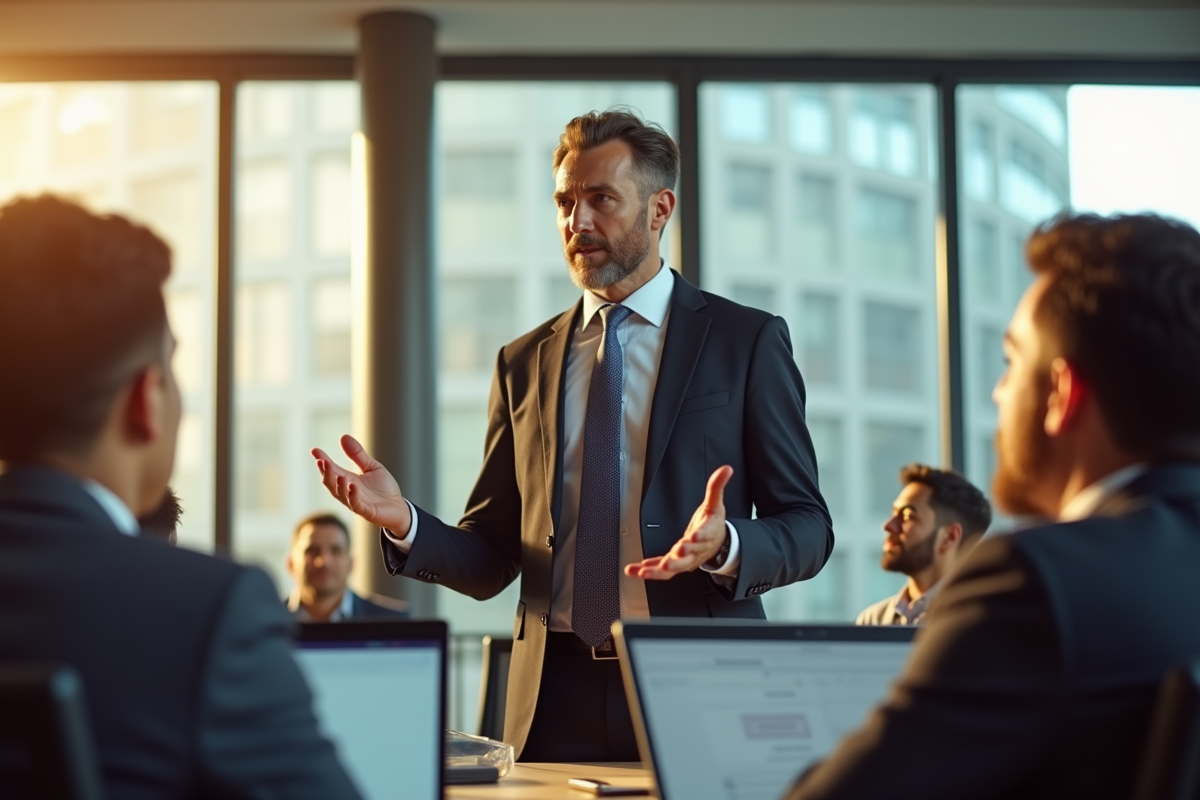 Homme d'affaires confiant donnant une présentation dynamique