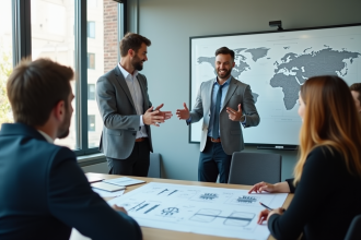 Un professionnel confiant présente un plan d'invention à une équipe dans un bureau lumineux
