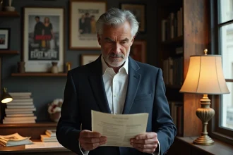 Producteur de cinéma d'auteur dans son bureau parisien entouré d'affiches de films et de scénarios