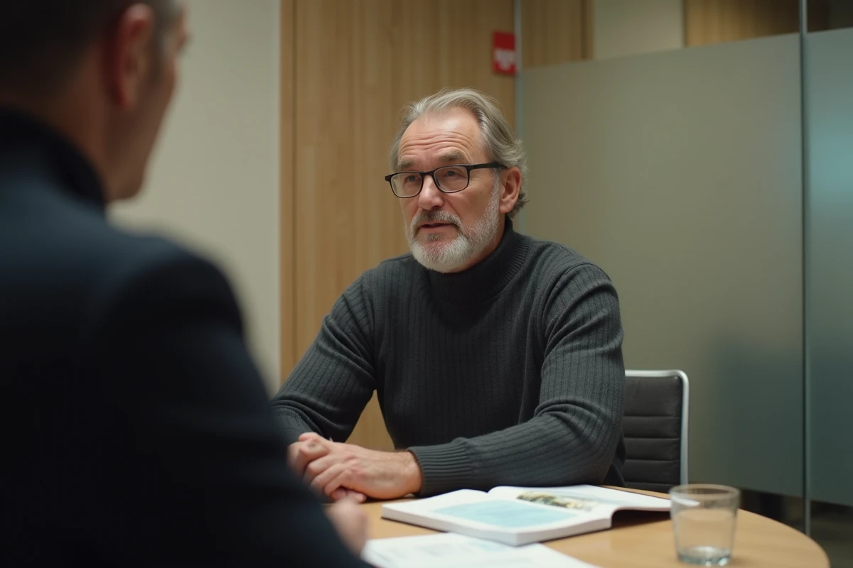 Producteur de cinéma d'auteur en réunion lors d'un festival européen avec documents de production