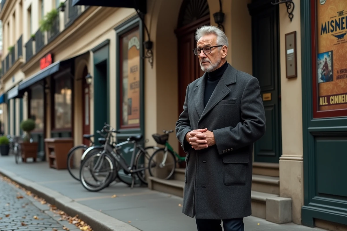 Producteur de films d'auteur devant une salle de cinéma française à l'architecture classique en automne