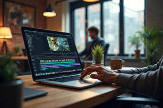 Professionnel créatif travaillant à un bureau moderne avec montage vidéo