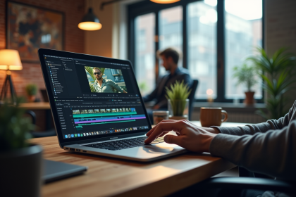 Professionnel créatif travaillant à un bureau moderne avec montage vidéo