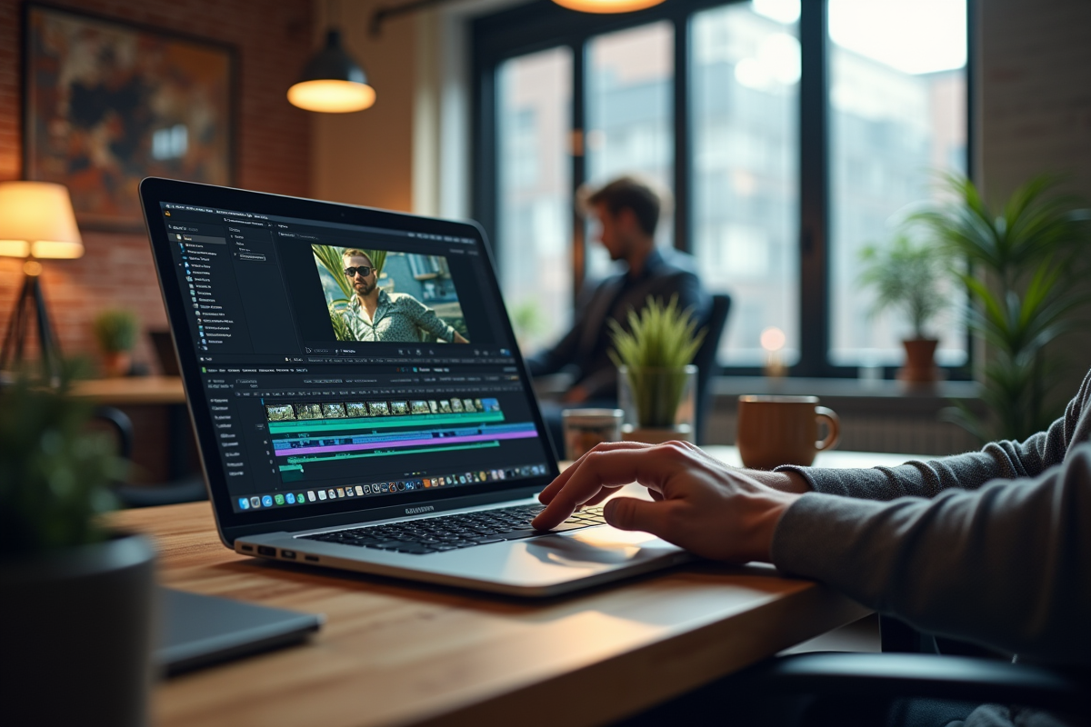 Professionnel créatif travaillant à un bureau moderne avec montage vidéo