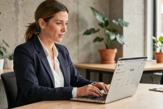 Professionnelle du digital travaillant sur une plateforme de mise en relation professionnelle en 2026 dans un espace de coworking moderne