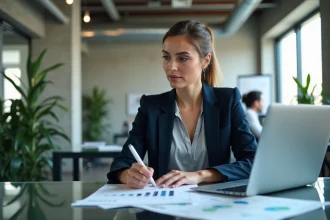 Professionnelle en réunion marketing analysant des graphiques de croissance et des données d'acquisition client dans un bureau moderne