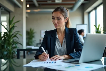 Professionnelle en réunion marketing analysant des graphiques de croissance et des données d'acquisition client dans un bureau moderne