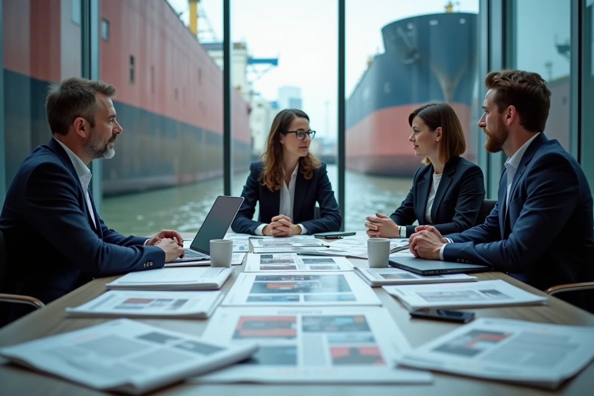 Réunion de professionnels du nautisme autour de publications spécialisées dans une salle de conférence industrielle