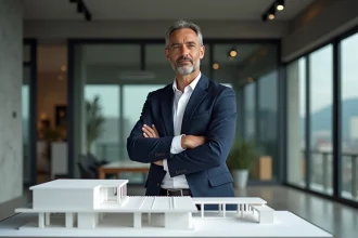 Promoteur immobilier innovant devant une maquette architecturale dans un bureau moderne, illustrant la disruption dans le secteur immobilier