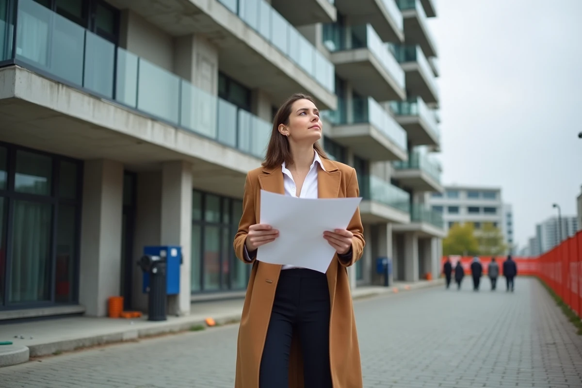 Femme promotrice immobilière tenant des plans architecturaux devant un immeuble résidentiel moderne en construction, représentant l'évolution du secteur immobilier