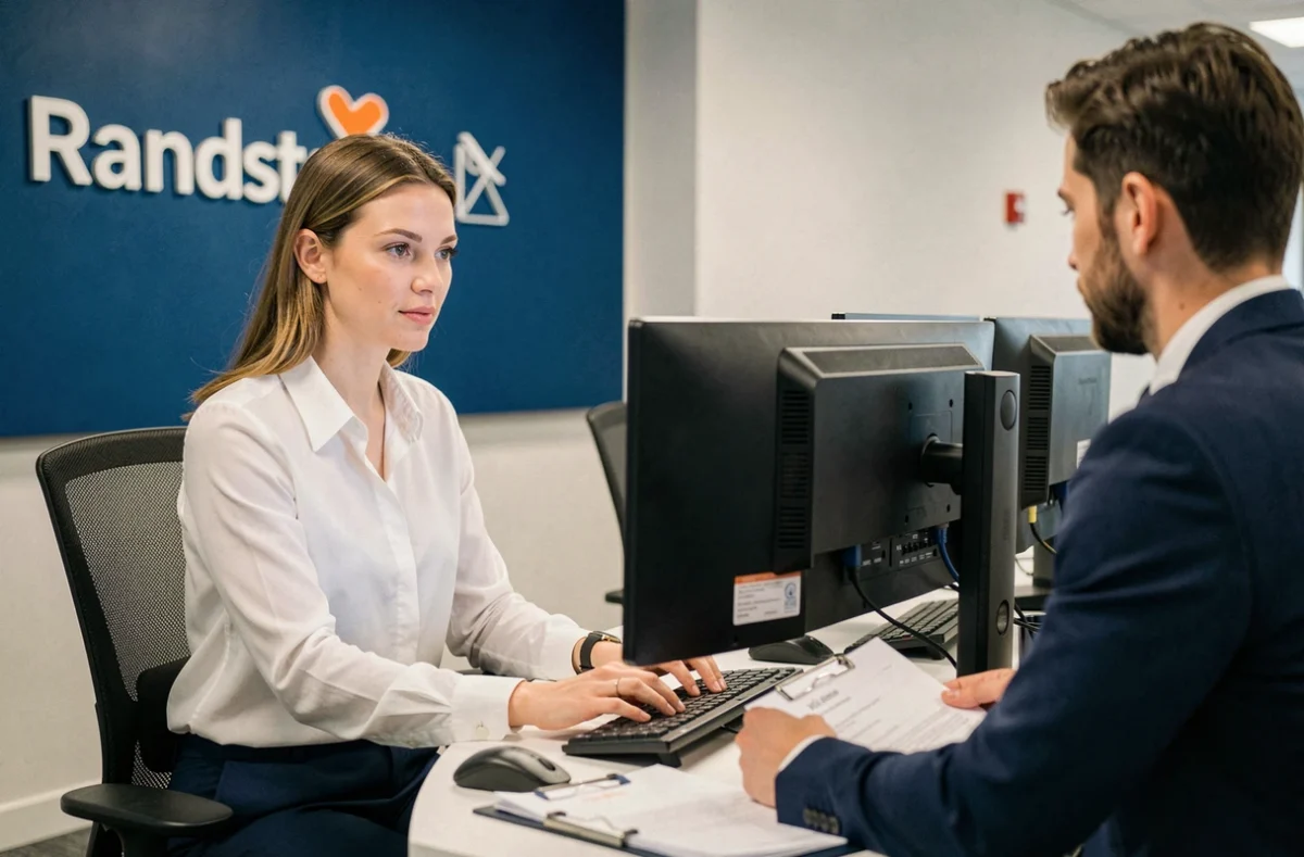 Consultante Randstad aidant un candidat dans une agence d'intérim de Seine-Maritime