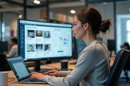 Rédactrice en chef intégrant un outil de diffusion numérique dans son workflow éditorial depuis un bureau moderne en open space